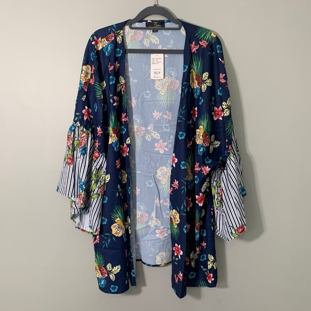 NEW Suzanne Betro Womens 4X Navy Blue Floral Striped Bell Sleeve Kimono Cardigan